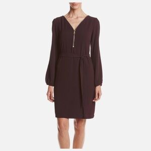 MSK Burgundy Sheath Dress with V Zip, Bishop Sleeves, Tie Waist, Women’s 6